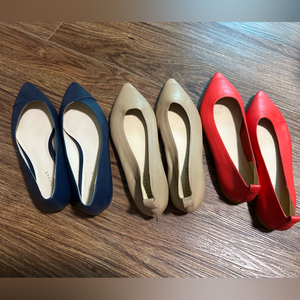 Everlane and Cole Haan pointy flat preloved red blue tan size 6.5